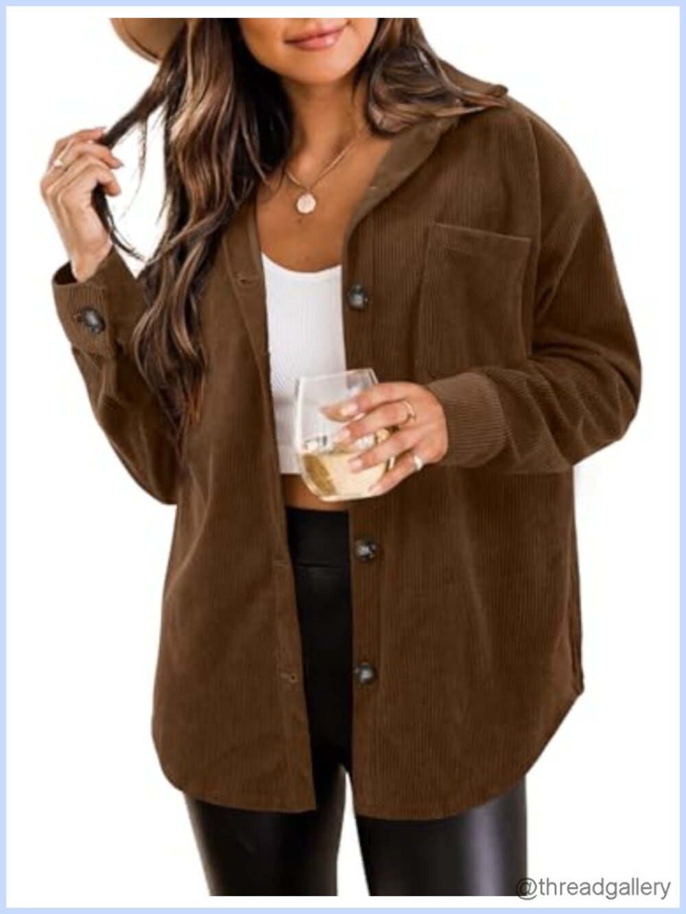 Corduroy Button Down Shacket Long Sleeve Loose Fit Casual Jacket